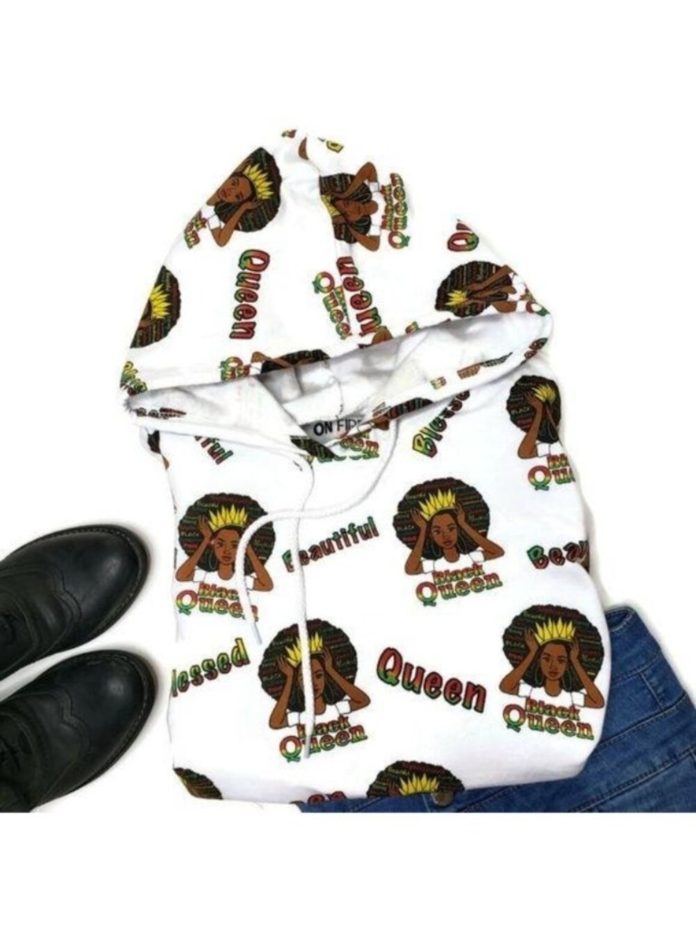 On Fire NWT Black Queen Graphic Hoodie White Cotton Long Sleeve Size M